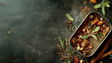 Poster - Close up of assorted nuts with herbs and spices arranged in a tin on dark background with space for text or promotional content