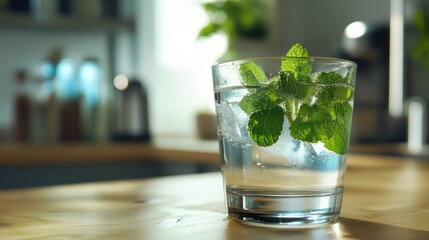Poster - Fresh water with mint in a glass on a kitchen counter with bright natural light and space for text in a modern interior setting