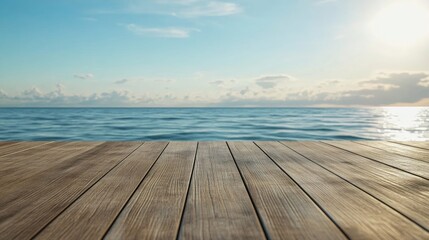 Aufkleber - Serene polished wooden deck with ocean view and clear sky suitable for text overlay or promotional content.