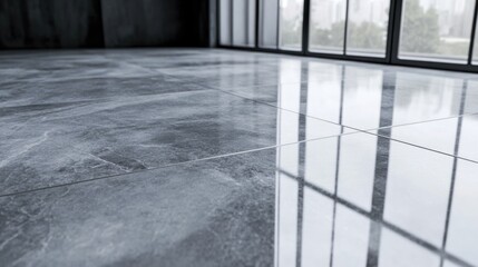 Aufkleber - Handyman applying adhesive for installation of gray ceramic tiles on a polished floor with large windows providing natural light