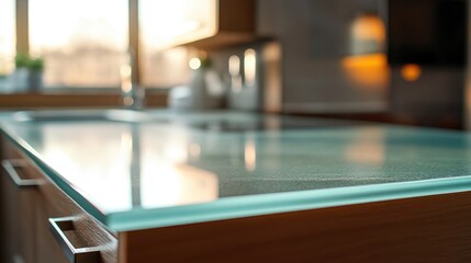 Poster - Modern kitchen countertop with glass top cabinets and ample natural light showcasing minimalistic design and empty space for text.