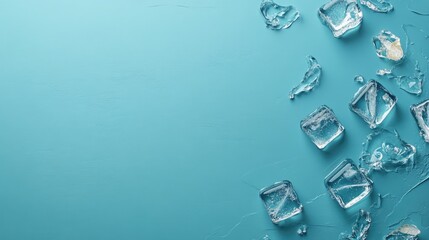 Poster - Close up of transparent ice cubes on a blue background with empty space for text showcasing refreshing and cooling concepts.
