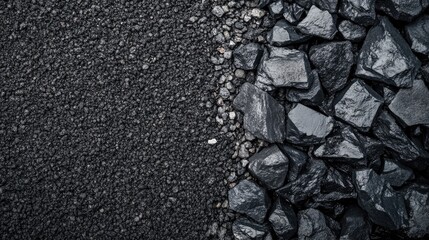 Poster - Textured close up of asphalt pavement and gravel stones with empty space for design elements or text in a construction or roadwork theme