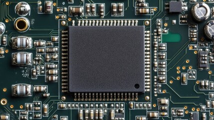 Fototapete - Close up of a circuit board featuring an integrated chip with ample space for text and design elements in a technology context