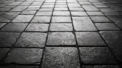 Poster - Gray brick pavement tiles pattern in outdoor setting with blank space for text overlay and design elements.