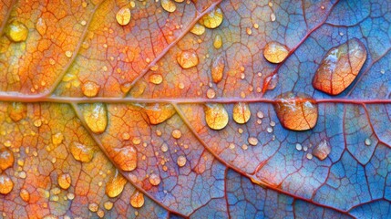 Poster - Macro detail of colorful leaf surface with raindrops showcasing nature's beauty and texture ideal for background or design use