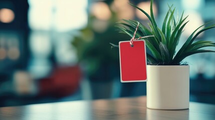 Poster - Indoor workspace featuring a close-up of a healthy plant in a pot with red and white tags and ample copy space for text and branding.