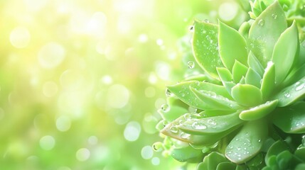 Poster - Fresh succulent plant with water droplets in bright green sunlight creating a serene backdrop and empty space for text or design elements