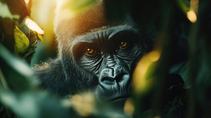 Poster - Gorilla close-up in natural habitat surrounded by lush foliage and warm sunlight with ample blank space for textual overlay