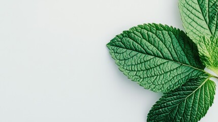 Poster - Close up of vibrant green plant leaves isolated on white background ideal for botanical design or natural themes with space for text