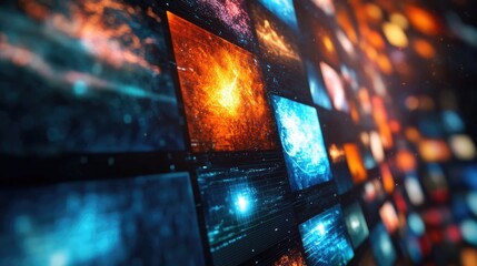Poster - Vibrant Digital Screen with Colorful Images and Empty Space for Text Placement in a Modern Display Environment