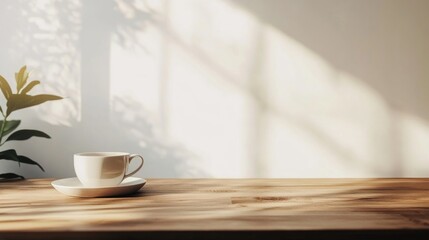Poster - Contemporary minimalist kitchen interior with coffee cup and empty space for text on wooden table showcasing natural light and greenery