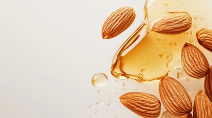 Aufkleber - Almond oil and nuts arranged artistically on light background showcasing freshness and health with space for text or branding