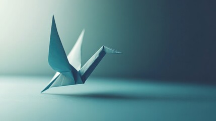 Poster - Elegant paper crane origami art with soft lighting and empty space for personalized text or messaging in a serene background setting