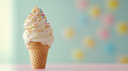 Poster - Delicious Ice Cream Cone with Colorful Sprinkles and Soft Focus Background for Text Overlay and Advertising Use