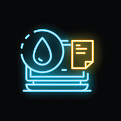 Wall Mural - Neon glowing icon of a laptop displaying a water drop and a document, illustrating the concept of online water bill payment