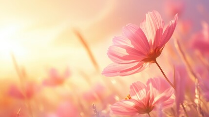 Poster - Delicate pink cosmos flower against a warm blurred background with sunlit hues and ample space for text or branding purposes