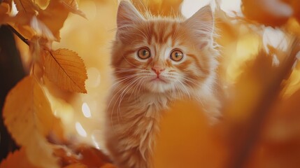 Poster - Fluffy orange kitten surrounded by vibrant autumn leaves with soft focus creating a warm seasonal atmosphere and space for text