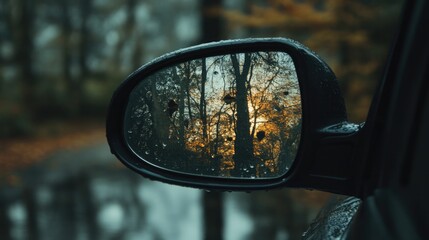 Aufkleber - Close Up of Car Side Mirror Reflecting Nature Scene with Sunlight and Water Drops Creating a Tranquil Outdoor Atmosphere