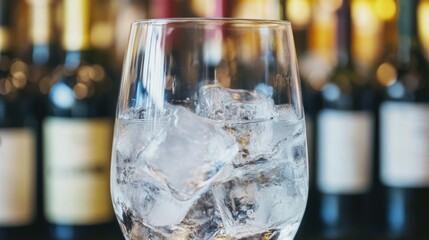 Poster - Close up of a glass filled with ice water with blurred wine bottles in the background showcasing refreshing beverage and empty space for text.