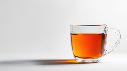 Poster - Close up of a glass mug filled with amber liquid highlighting freshness and simplicity on a clean white background for versatile text placement
