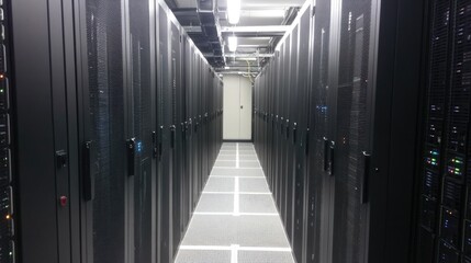 Poster - Data center interior showcasing rows of server racks with modern computing technology and ample empty space for text placement
