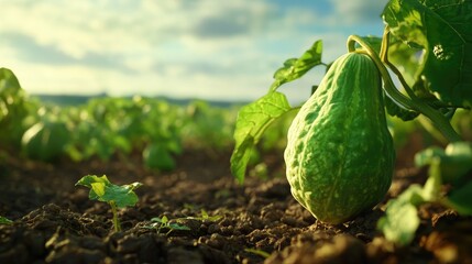 Poster - Close up of ripe green chayote gourd growing on a vine in a field under a bright sky with ample copy space for text and design elements