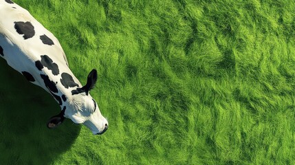 Poster - Close up of a black spotted cow grazing on lush green grass with ample blank space for text or branding in a natural setting