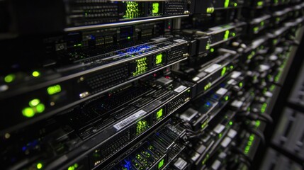 Poster - Data center technology featuring server racks with illuminated indicators and ample space for text and digital content display.