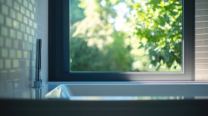 Poster - Creative bathroom window design with natural light showcasing empty copy space for text and lush greenery in the background.