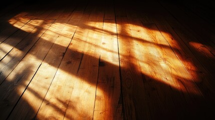 Poster - Warm sunlight casting intricate shadows on wooden flooring in a serene living room ambiance with ample space for text overlay.
