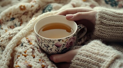 Poster - Cozy tea time close up of hands holding a decorative cup on a soft knitted blanket with space for text and warm ambiance