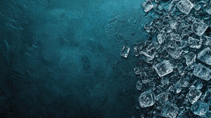 Fototapete - Close up of ice cubes scattered on a textured teal background with ample empty space for text placement or graphic design elements