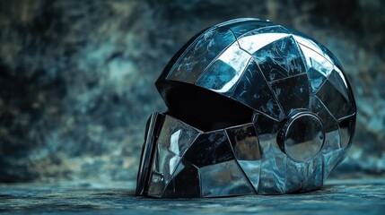 Poster - Futuristic metallic helmet showcasing intricate design with blank space for customization or text overlay in a creative setting