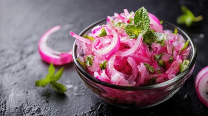Poster - Vibrant homemade pickled onion salad in a glass bowl with fresh herbs on a dark textured background for seasonal dishes and recipes.