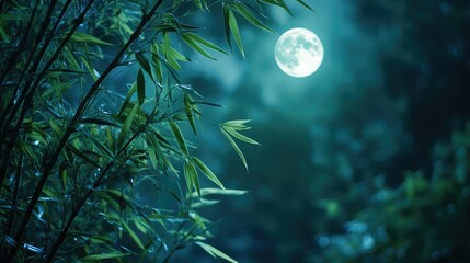 Aufkleber - Serene night view of a bamboo forest illuminated by moonlight featuring tranquil atmosphere and ample space for text overlay