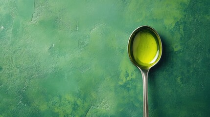 Poster - Healthy avocado oil in a spoon against a textured green background with ample space for branding or text placement.