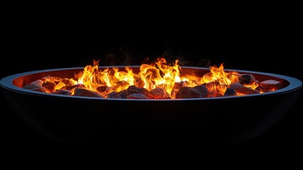 Aufkleber - Glowing firepit close-up creating a cozy romantic atmosphere with warm flames and empty space for text or promotional content.