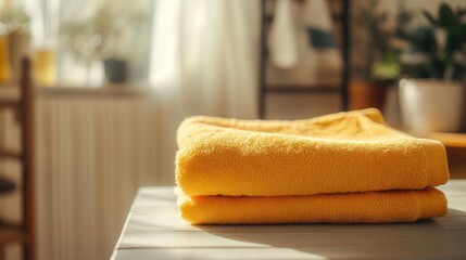 Poster - Bright close-up of a folded yellow towel on a table in a sunlit room with ample copy space for text or branding display.