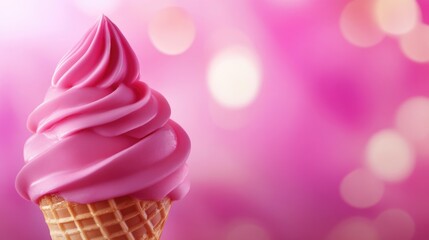 Aufkleber - Close up of delicious ice cream cone topped with vibrant pink creamy swirl against a soft blurred pink background with space for text