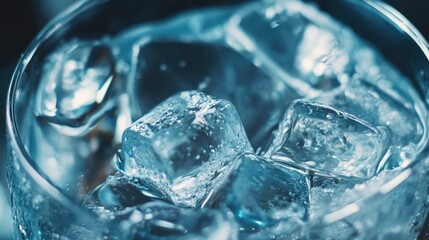 Poster - Close up of Refreshing Ice Cubes in a Glass with Sparkling Beverage and Empty Space for Creative Text or Branding