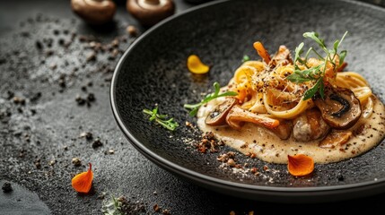 Poster - Gourmet mushroom pasta dish in creamy sauce with artistic presentation and empty space for text on dark background