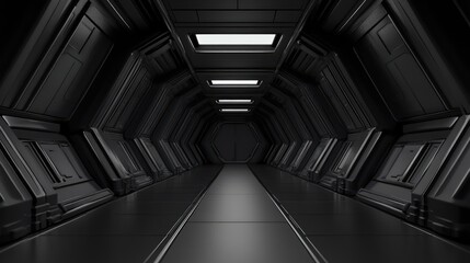 Poster - Futuristic gray and black corridor interior with sleek lines and empty space for creative text or graphic design applications
