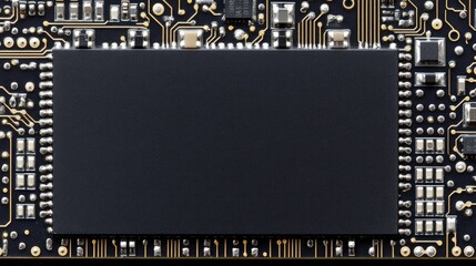 Fototapete - Close up of a black circuit board with intricate details and empty area for customization or text placement in technology design