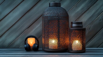 Poster - Cozy Setting with Lanterns and Headphones on Wooden Surface Highlighting Warm Ambiance and Empty Space for Text or Graphics