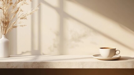 Poster - Cozy Coffee Table Mockup with Empty Space for Text Sunlit Minimalist Scene Featuring Coffee Cup and Decorative Vase