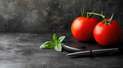 Aufkleber - Fresh tomatoes with basil leaves and a sleek pen on a dark textured surface ideal for culinary or gardening themed presentations