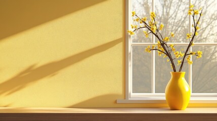 Poster - Bright yellow vase with branches on a wooden desk by window offering ample copy space for text in a warm sunlight setting