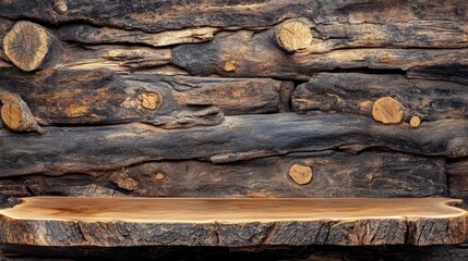 Poster - Natural wooden desk with textured logs and bark showcasing a rustic background ideal for text placement and creative designs