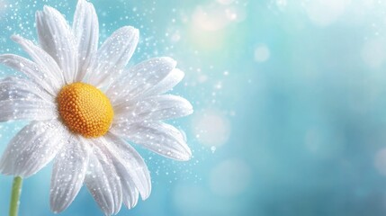 Poster - Close up of a white daisy flower with dew drops on petals against a soft blue background creating space for text or design elements